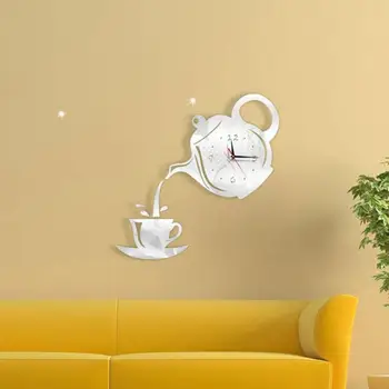 

Acrylic DIY Creative Clock Living Room Mute Mirror Teapot Wall Sticker 3D Decorative Wall Clock