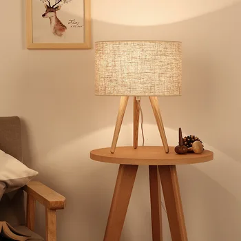 

Modern Bedroom Bedside Table Lamp Simple Modern Table Lamp Three-legged Solid Wood Headlamp Linen Cover Wooden Art Table Lamp