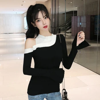 

A622 # Mixed Colors Sweater off-Shoulder Slim Fit Slimming Long Sleeve Off-shoulder Tops Women's Early Autumn