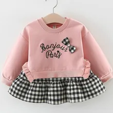 Платье для маленьких девочек осеннее однотонное платье в клетку с вышитыми буквами для малышей Детская одежда