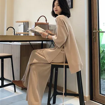 

Autumn Women Two Piece Set 2019 Office Lady Wide Leg Pants Women Suit Vintage V-neck Sweater +High Waist Knitted Wide Leg Pants
