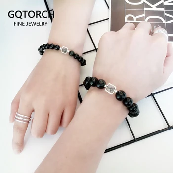 

Black Obsidian Couples Distance Bracelet Classic Natural Stone 925 Sterling Silver With Hair Crystal Charm
