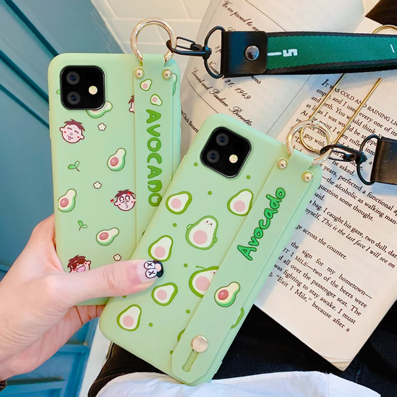 For iphone 11 Cute Avocado Wrist Strap phone Case for iphone 11 pro max Cartoon CAT silicone Rabbit Back cover+ strap