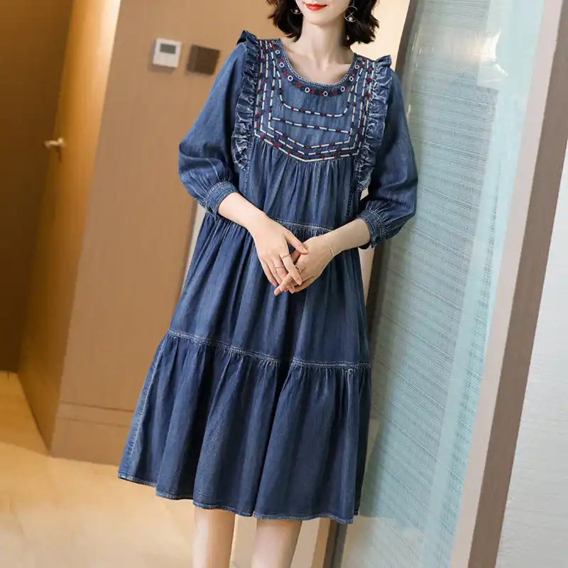 Tiyihailey Free Shipping New Three Quarter Knee Length Denim Dresses One Piece Women Vintage Embroidery Dress S Xl Jeans Dresses Aliexpress