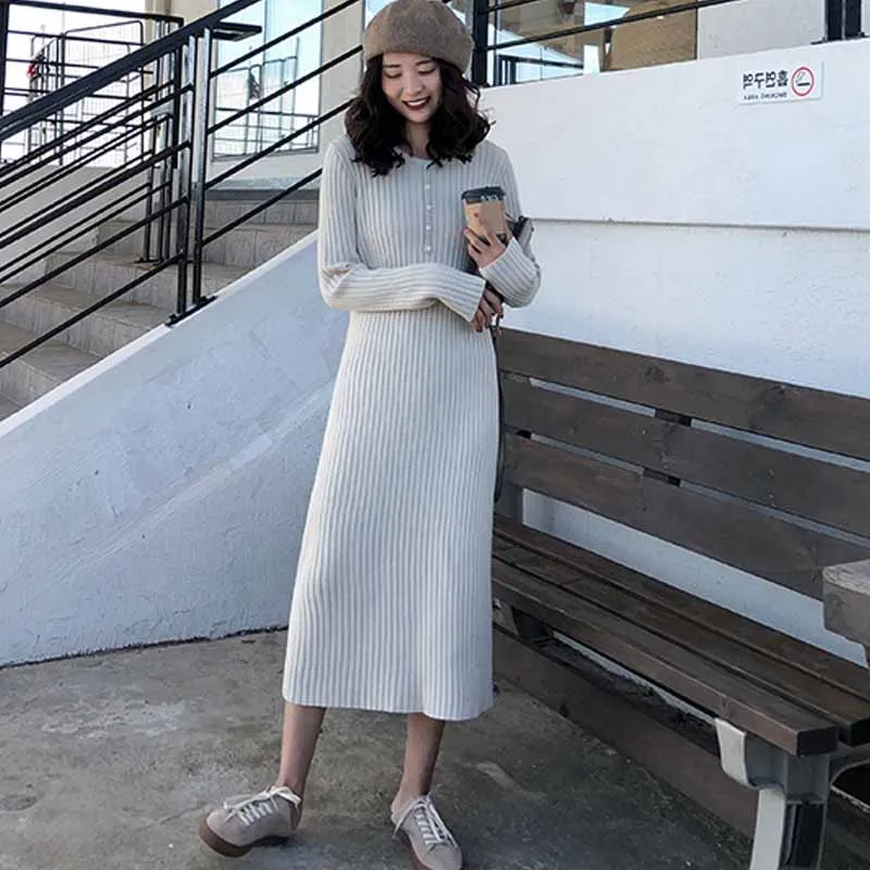 

One-Piece Women Dress 2020 Korean Simple Elegant Long Sweater Dress O Neck Autumn Winter Warm Knitted Sweater Office Lady Dress