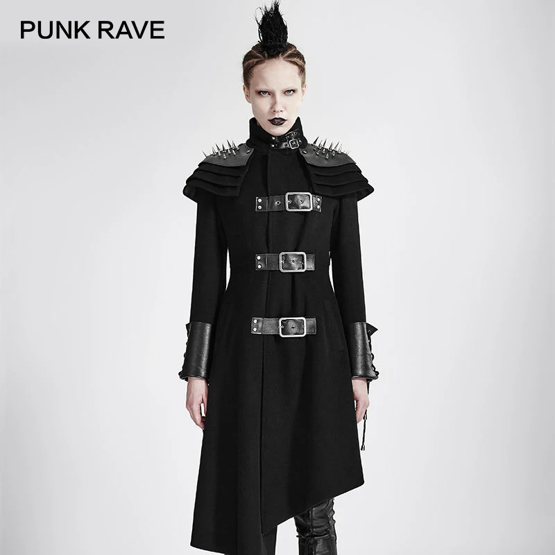 PUNK RAVE Punk Rivets Shoulder Stand Up Collar Asymmetrical Long Coat Black Gothic Visual Kei Victorian Winter Women Outer Wear | Женская