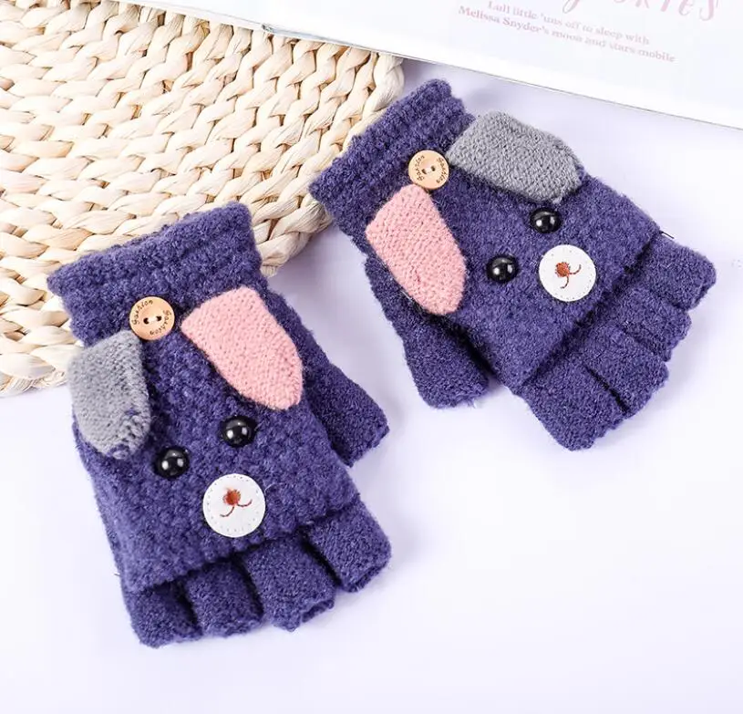 navy blue Детские вязаные перчатки для собаки с героями мультфильмов на осень и зиму, детские зимние Утепленные перчатки без пальцев с откидной крышкой, R81 - Цвет: navy blue