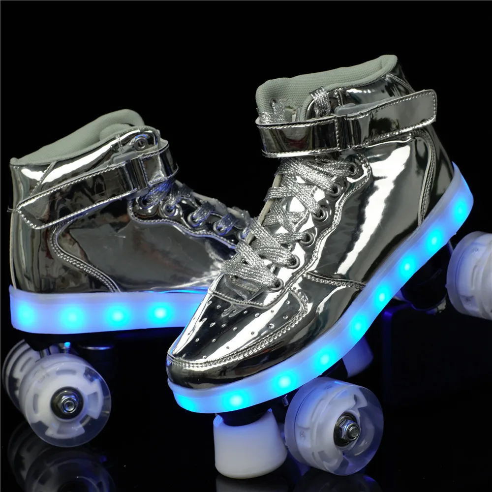 New Flash Skate Adult Double-Row Pulley Shoes Men Women 4-Wheel PU Children Luminous Roller Skates