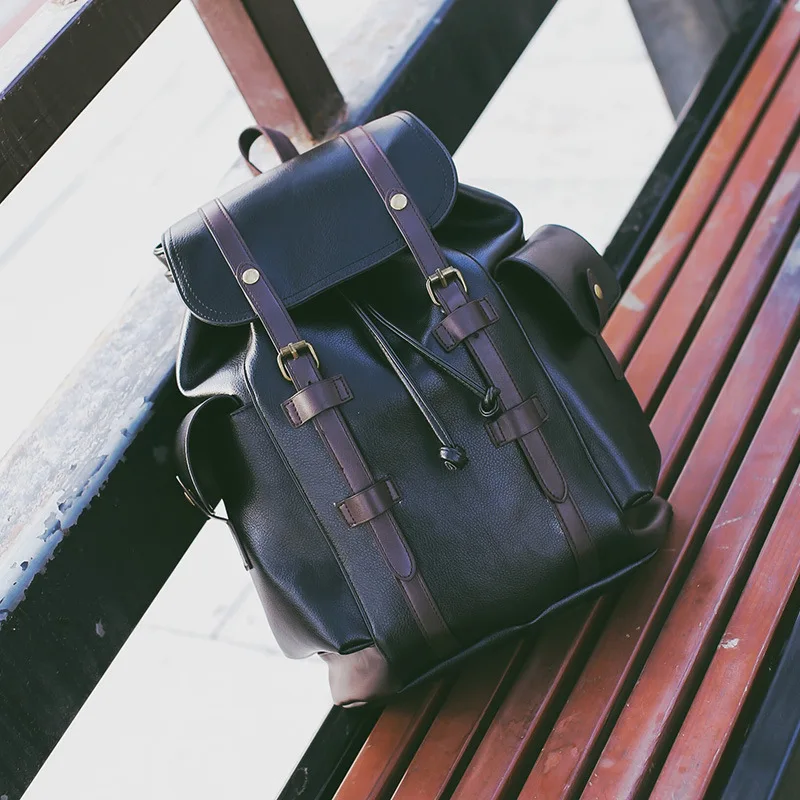Женский винтажный кожаный рюкзак на шнурке, Женская дорожная сумка, большие школьные сумки для ноутбука А4, лоскутный Рюкзак mochila XA547H - Цвет: Black