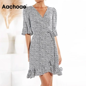 

Women Stylish A Line Dot Print Dress Flare Short Sleeve Ruffle Mini Dresses Sexy V Neck Boho Beach Dress Summer Sundresses