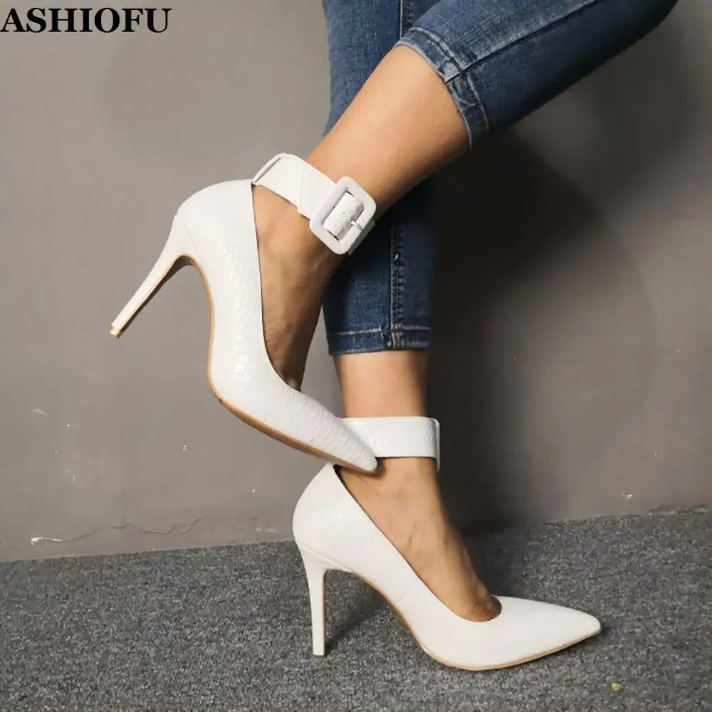 

ASHIOFU Handmade Ladies High Heel Pumps Real Photos Buckle Strap Pleated Leather Party Dress Shoes Evening Fashion Court Shoes