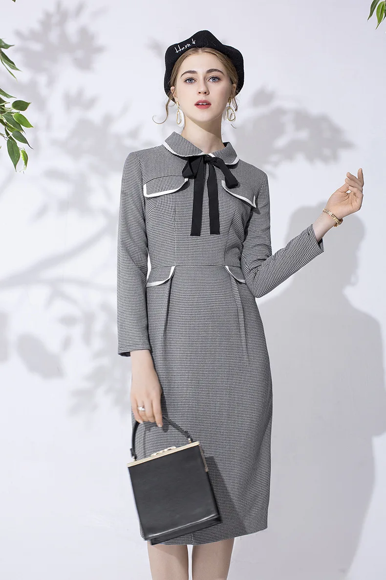 

Europe 2019 Autumn women's plaid pencil dress Fashion women elegant long sleeves dress A941