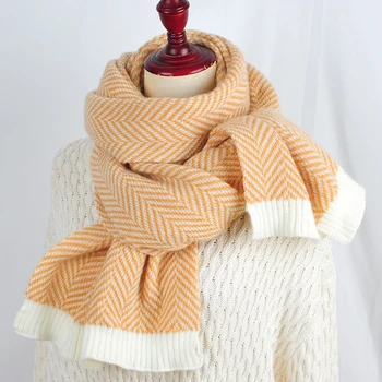 

Korean 200X40cm Autumn Winter Striped Knit Scarf For Women Khaki Scarves Thick warm Ladies Shawls Wrap Cotton Blends Pashmina