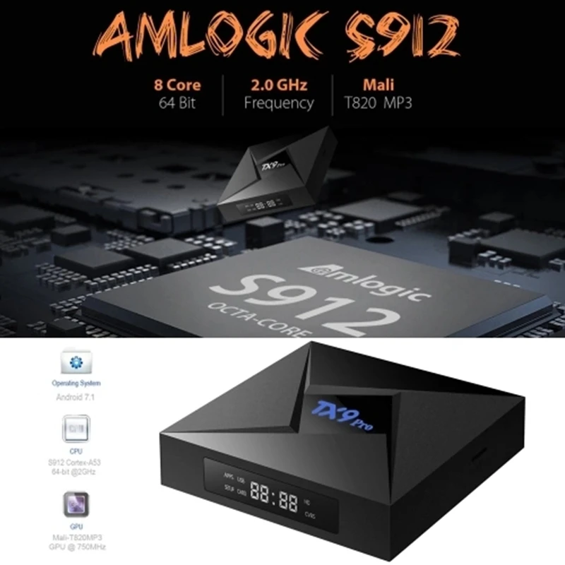 TX9 PRO Smart Android 7.1 TV Box Amlogic S912 Octa-Core 64 Bit 3GB/32GB HDR10 VP9 H.265 UHD 4K 2.4G&5G WiFi 1000M LAN DLNA BT 4. TX9 PRO Smart Android 7.1 TV Box Amlogic S912 Octa-Core 64 Bit 3GB/32GB HDR10 VP9 H.265 UHD 4K 2.4G&5G WiFi 1000M LAN DLNA BT 4.
