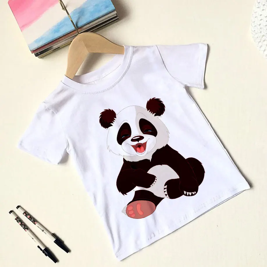 Футболка для девочек с принтом забавной панды; футболки для мальчиков; Kawaii; детская футболка с короткими рукавами; летняя Модная белая одежда для отдыха