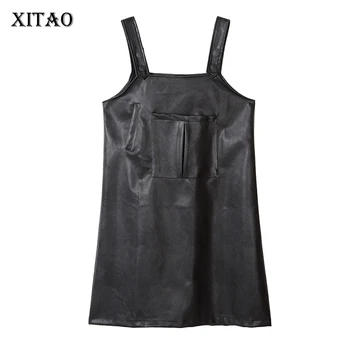 

XITAO Off Shoulder Strapless Mini Dress Women Clothes 2019 Straight PC Pocket Square Collar Sleeveless Casual Black Dress LL104