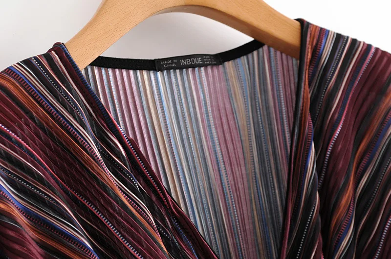 

Western Style 2019 Spring New Style Versitile Fashion V-neck Long Sleeve Retro Waist Hugging Striped Dress WOMEN'S Dress