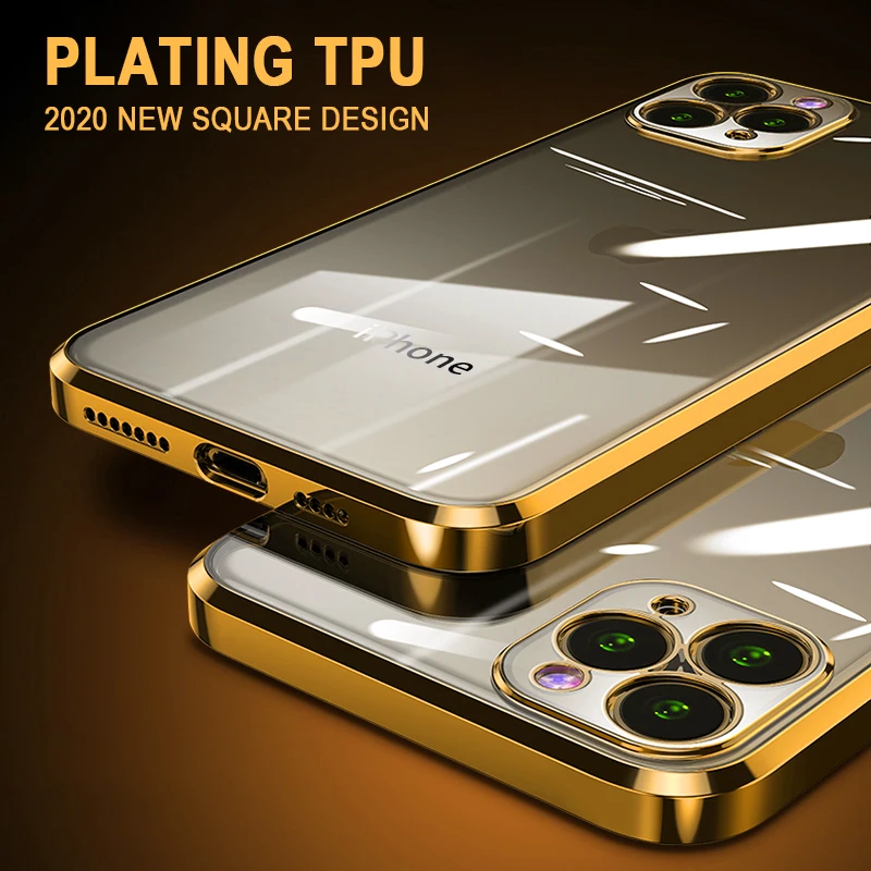 Luxury Plating Square Frame Transparent Case For iPhone 11 Pro Max 12 iPhone SE 2020 x xs max xr 6 6S 7 8 plus Soft Clear Cover Luxury Plating Square Frame Transparent Case For iPhone 11 Pro Max 12 iPhone SE 2020 x xs max xr 6 6S 7 8 plus Soft Clear Cover