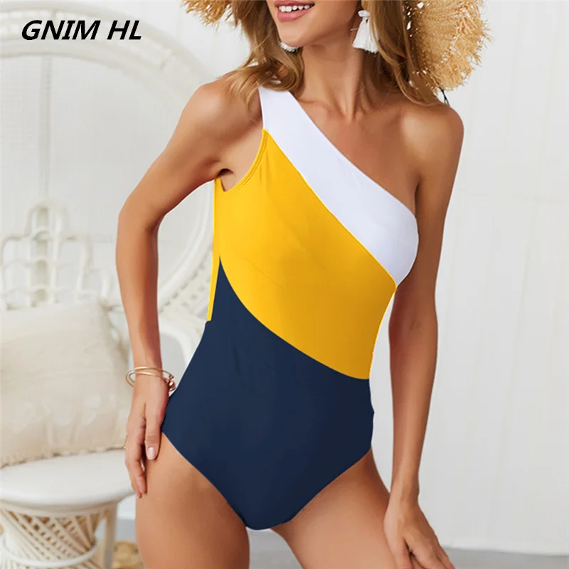 

GNIM One Piece Swimsuit Woman Stitching Color Halter Bikini Swimwear 2019 Brazilian Bath Suit Women Sexi Beachwear One Shoulder