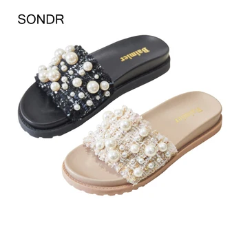 

2020 Summer Shoes Women Slides Platform Fashion Brand Elegant Ladies Slippers Peral Female zapatos de mujer String Bead Beige