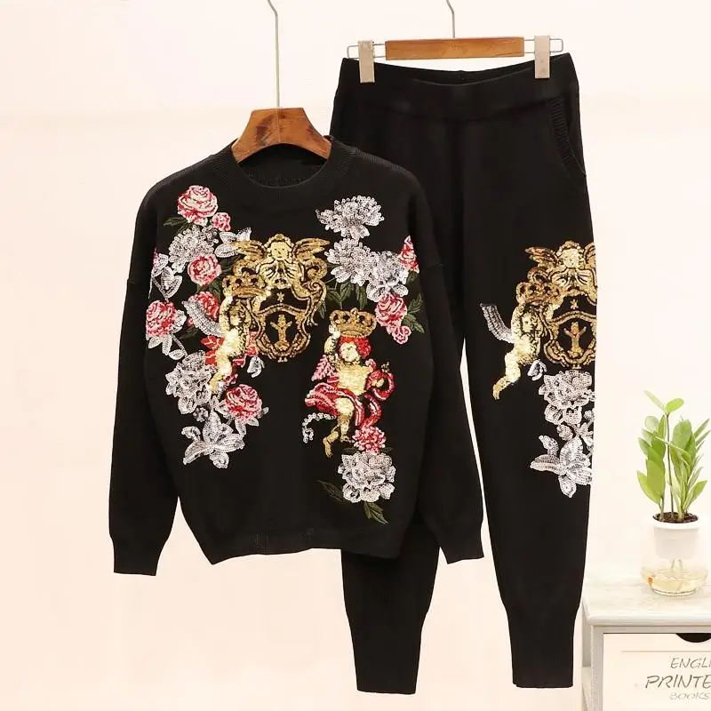 

Europe Winter Casual Tracksuit Women Set Twinset Floral Sequined Sweater Knit Top And Haren Pants 2Piece Suit