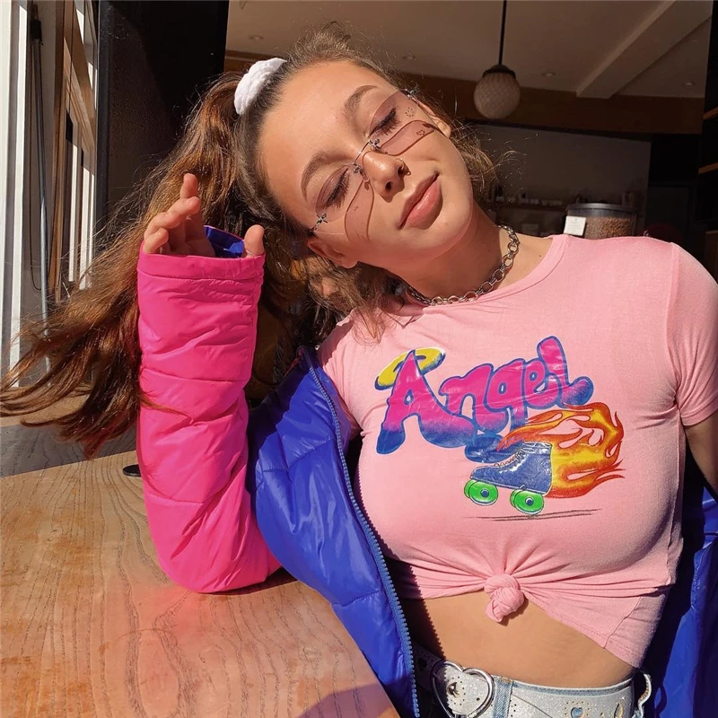 Розовые сексуальные крутые кроп-топы с принтом ангела женская модель 2020 модная