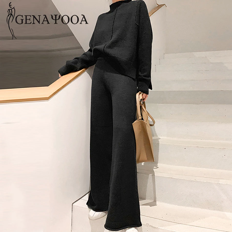 Genayooa Two Piece Set Pullover Sweater Tracksuit Women High Waist Knit Wide Leg Pants Women Suit 2 Piece Set Women Winter 2021 yellow pant suit