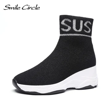 

Smile Circle knitting Sneaker women Wedge shoes High-top sock Flat Platform shoes Lightweight Rhinestone Casual Shoes 2019