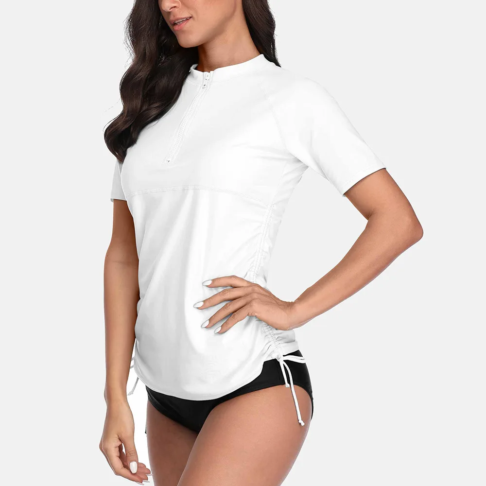 Anfilia Women Short Sleeve Rashguard Shirt Front Zipper Swimwear Side Bandaged Surfing Top Hiking Shirt Rash Guard UPF50+ rash guard surfing swimsuit