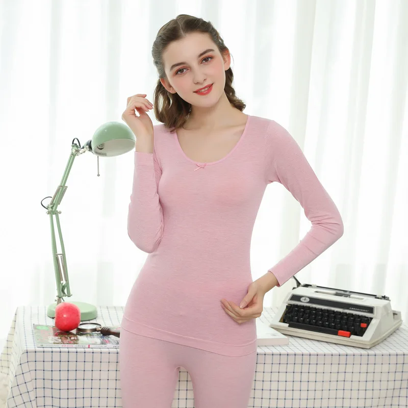 Autumn and winter striped thermal underwear round neck autumn clothes long trousers women's thin section bottoming body suit