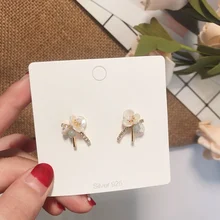 MENGJIQIAO новые корейские японские элегантные милые жемчужные серьги-гвоздики в виде ракушки для женщин, нежные блестящие стразы, ювелирные изделия