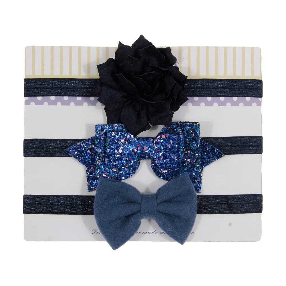 New 3pcs/lot Sequin Felt Bow Lotus Flower Elastic Headbands Kids Photography Props Baby Girls Cute Headwear Christmas Gift Sets