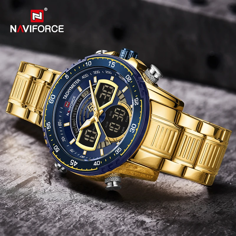 NAVIFORCE Mens Military Sports Waterproof Watches Luxury Analog Quartz Digital Wrist Watch for Men Bright Backlight Gold Watches 5
