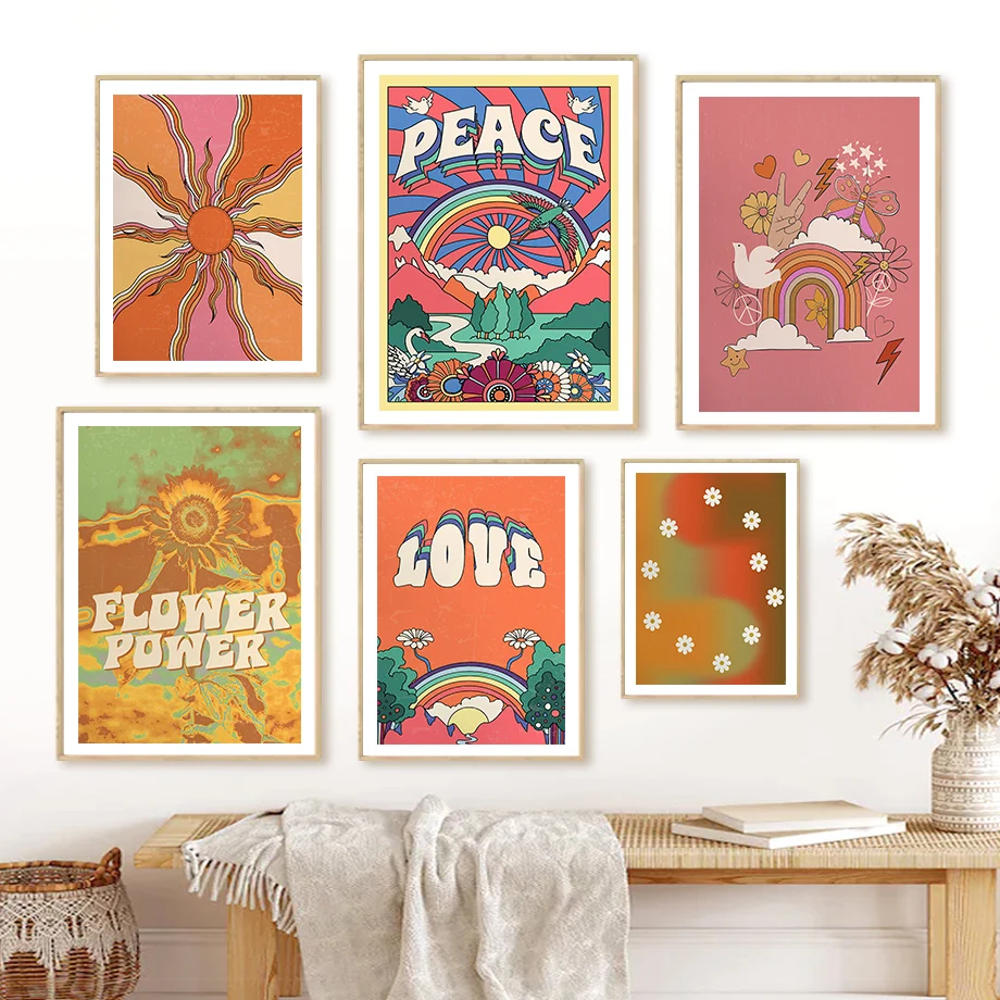 

70s Vintage Love Flower Power Peace Hippie Wall Art Canvas Painting Nordic Posters And Prints Picture For Living Room Home Decor