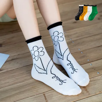 

Solid Color Sock for Woman Flowers Socks Women Adult Kawaii Ladies Elegant Long Sox Cotton Spring Autumn Female Trendy Skarpetki