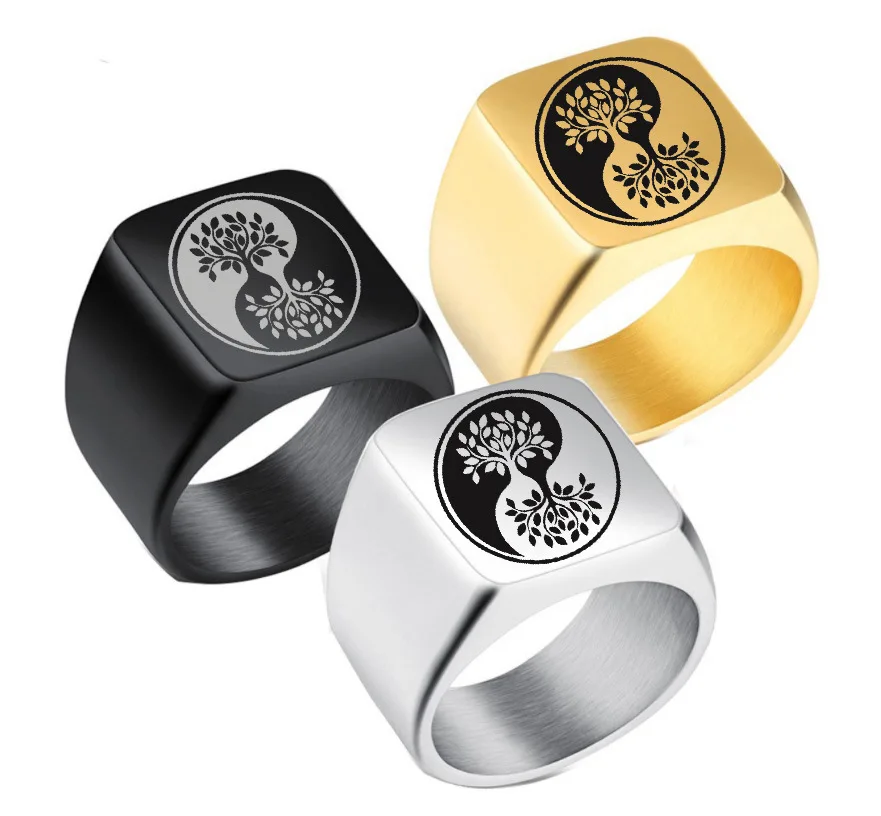 Fashion Chinese Style Black White Gold Color Yin Yang Tai Chi Tree Men Women Statement Couple Titanium Steel Ring | Украшения и