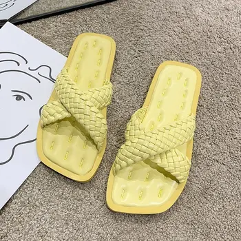 

Ladies Fashion 2020 Weave Leather Low Heel Slippers Casual Open Toe Beach Flip Flops Women Comfort Soft Bottom Summer Shoes