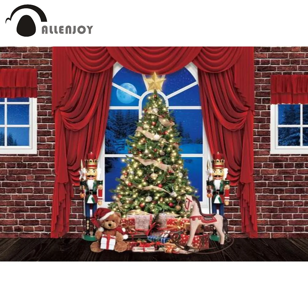 

Allenjoy Christmas Interior Party Winter Brick Wall Background Moon Nights Gold Bells Red Curtain French Windows Backdrop