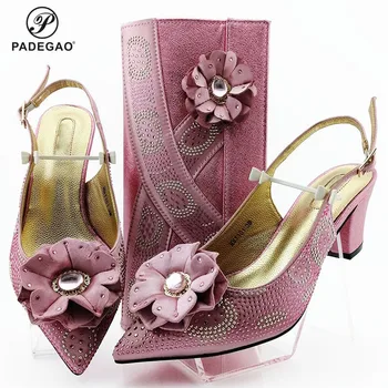

2020 Newest Decorate with Rhinestone Italian Design Italiana Women Shoes and Bag Set in Pink Color Pointoe Toe African Shoes