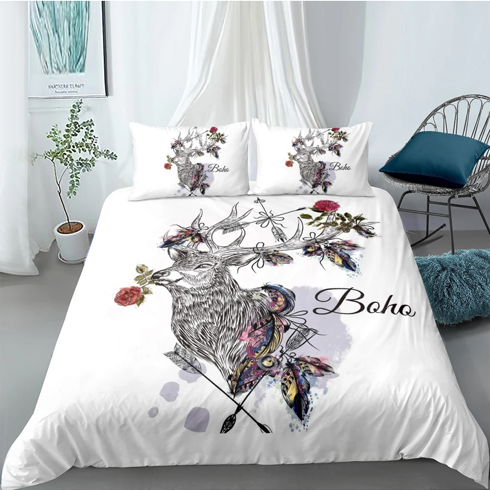 Tribal Style Bedding Set Deer Artistic Creative 3D Duvet Cover Flowers