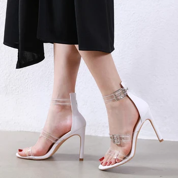 

Clear Sandals Woman Summer High Heels Shoes Transparent Slides Buckle Stilleto PVC Patchwork Peep Toe Shoes Sexy Sandalias Mujer