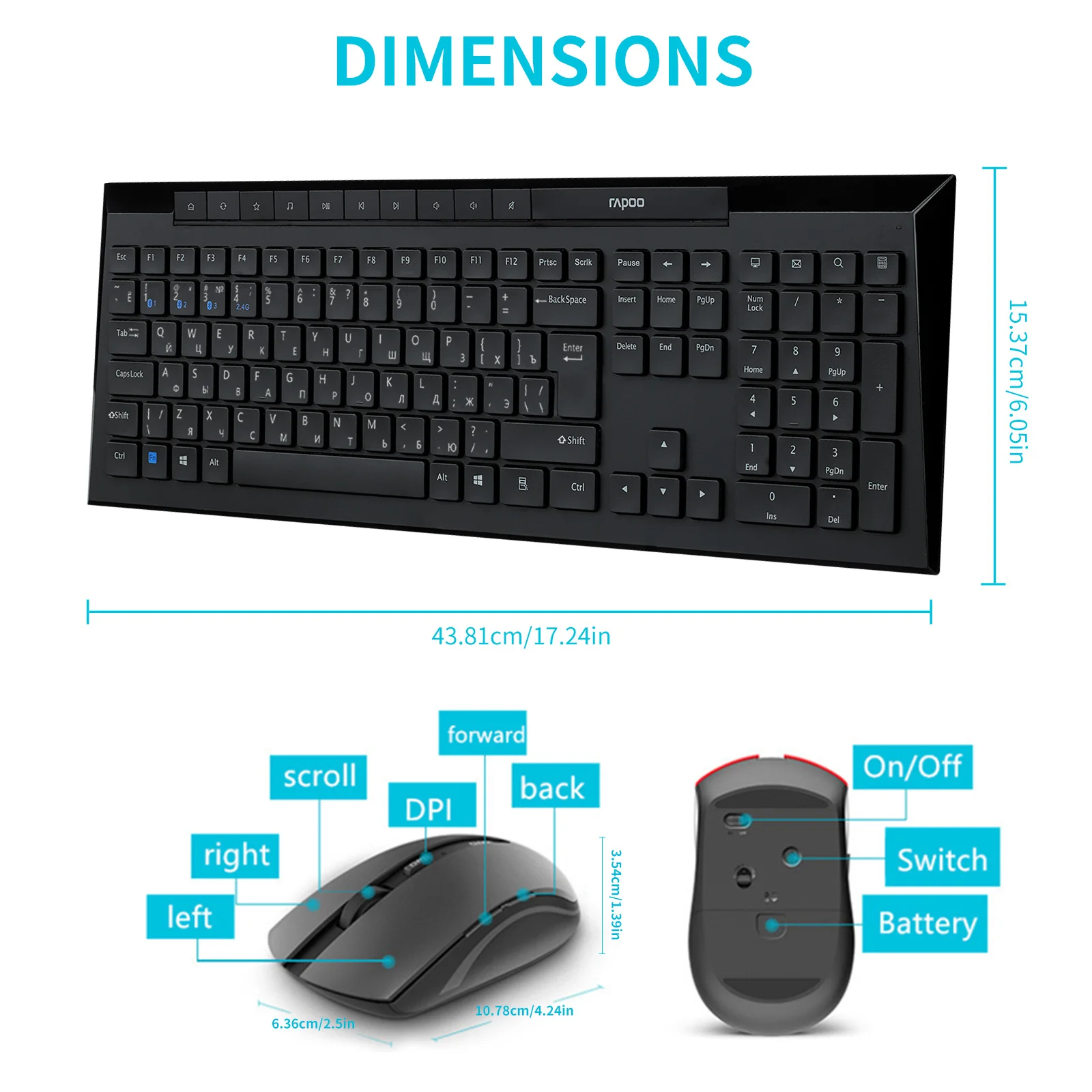 rapoo modo múltiplo teclado sem fio mouse teclado russo óptico de alta definição rastreamento do motor dpi mouse