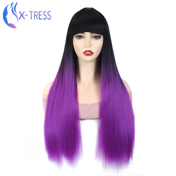 

Ombre Purple/White Colored Synthetic Hair Wigs With Bangs X-TRESS Fashion Cosplay Party Long Straight Hairstyle Heat Resistant