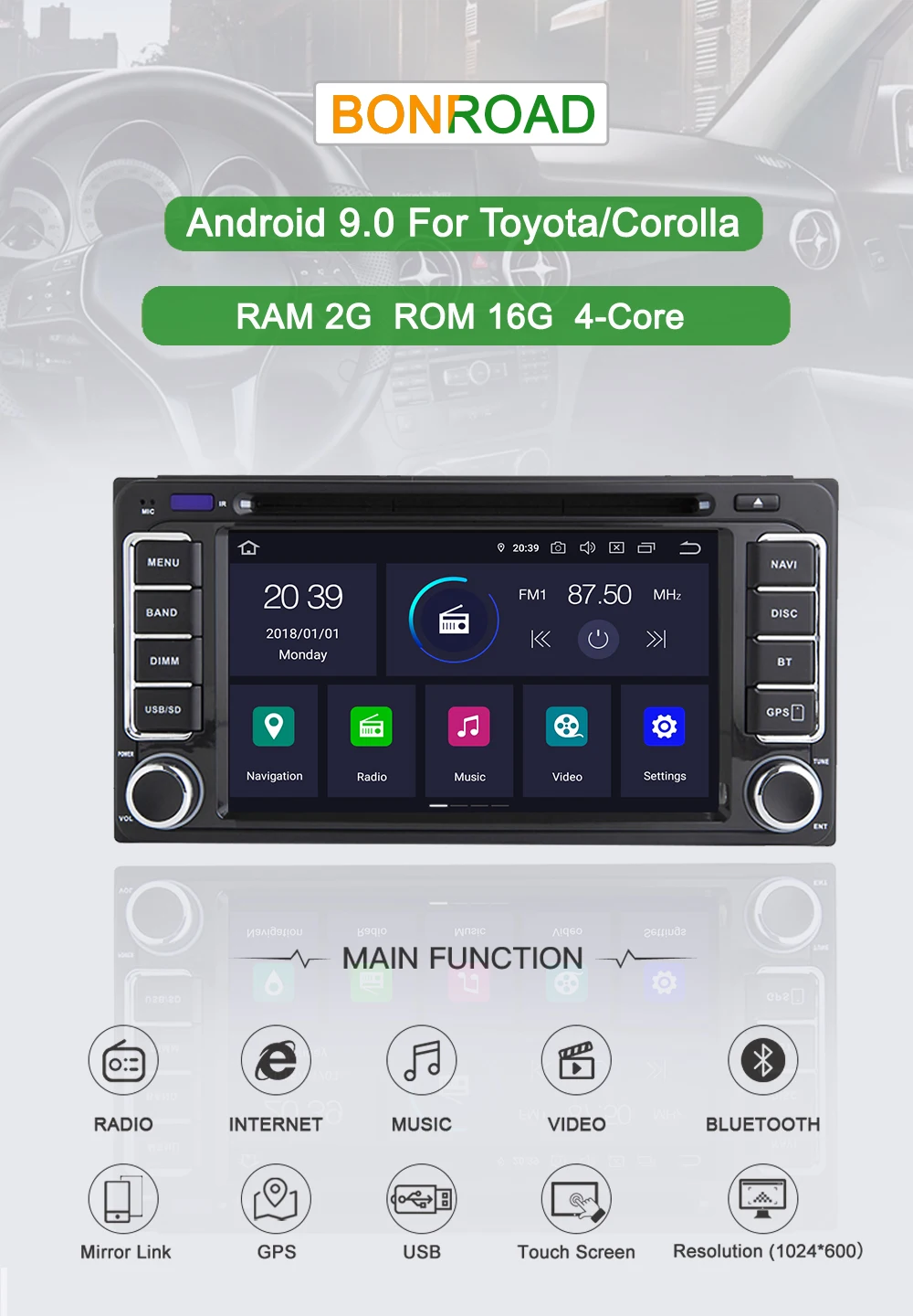 Clearance Bonroad Android 9.0 GPS Navigation 6.2 Inch 2din Car DVD Player  For Toyota/Corolla Old Series Wifi Bluetooth GPS Radio SWC 0