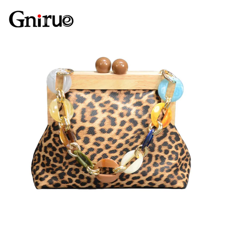 Luxury Leopard Pu Soft Leather Wood Clip Bags Women Messenger Bags