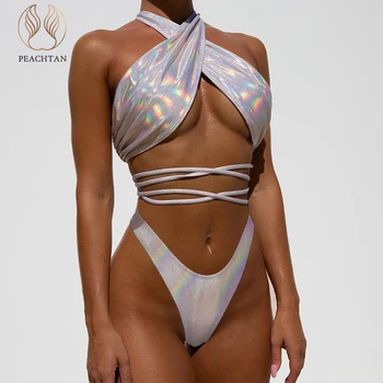 

Peachtan Sexy halter bikini set 2020 Lace up swimsuit female Solid swimwear women High cut bathing suit Summer bathers biquini