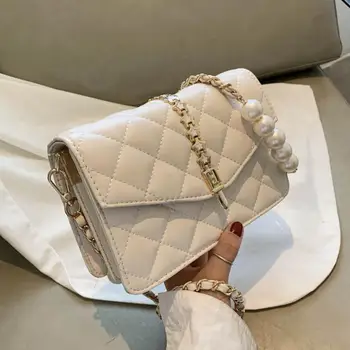 

Lattice Square Crossbody bag 2020 Fashion New High quality Leather Women's Designer Handbag Pearl Chain Shoulder Messenger Bag