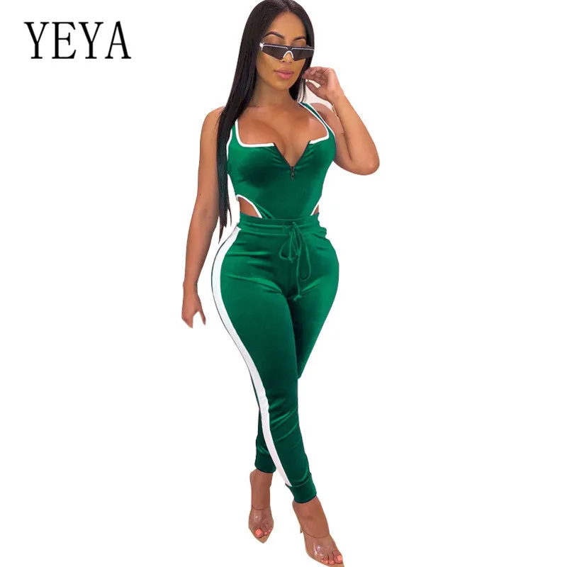

YEYA Sleeveless Cutout Zipper Backless Stitching Jumpsuit Sexy Hollow Out Bodycon Bandage Long Romper Two Pieces Sets Jumpsuits