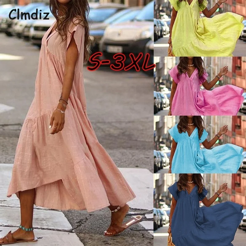 Clmdiz женское летнее платье Boho 2020 однотонное пляжное с v образным вырезом и