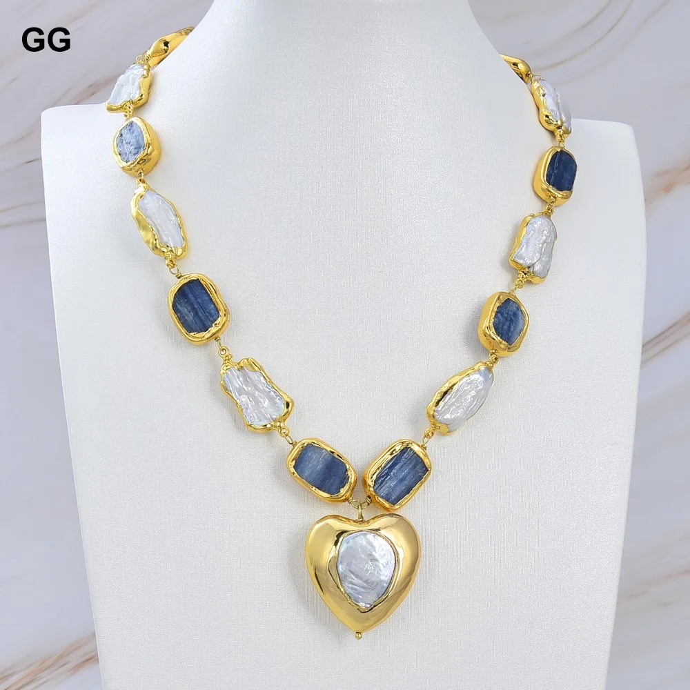 

GG Jewelry 19" Natural White Biwa Pearl Blue Kyanite Cultured White Heart-Shaped Pearl Gold Color Pendant Necklace Gifts women